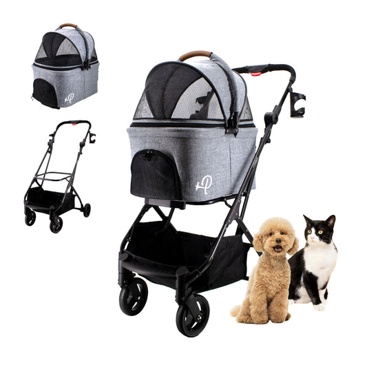 3-in-1 Travel Tri-Fold Pet Stroller: Detachable Carrier, Car Seat, Patented Pee Pad Insert, Lightweight, Collapsible, Pump-Free Wheels, Storage, Ventilation, Dual Wheel Brake, for Dogs, Cats, Small Animals, Supports up to 55 LBS