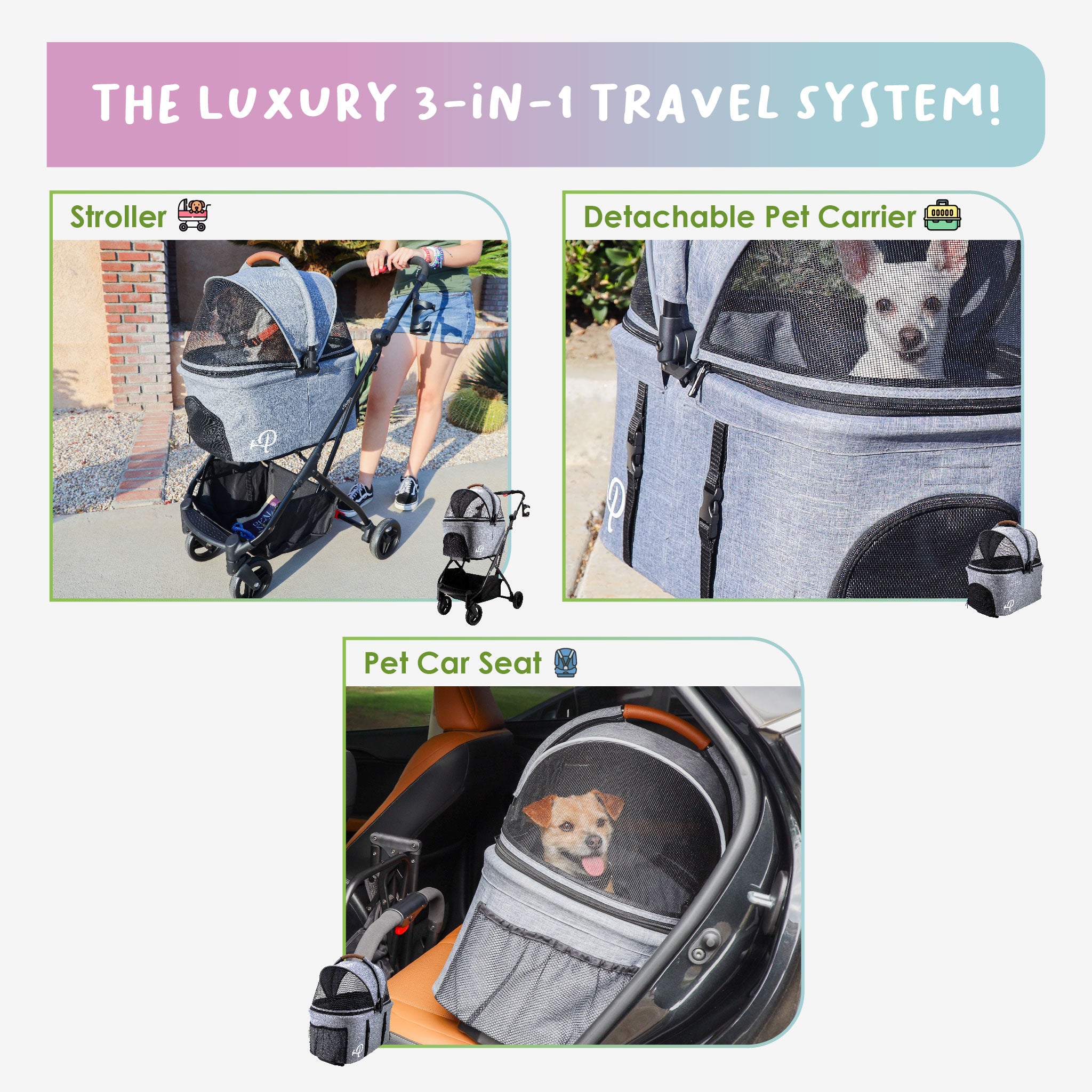 3 in 1 Travel Tri Fold Pet Stroller Detachable Carrier Car Seat Patented Pee Pad Insert Lightweight Collapsible Pump Free Wheels Storage