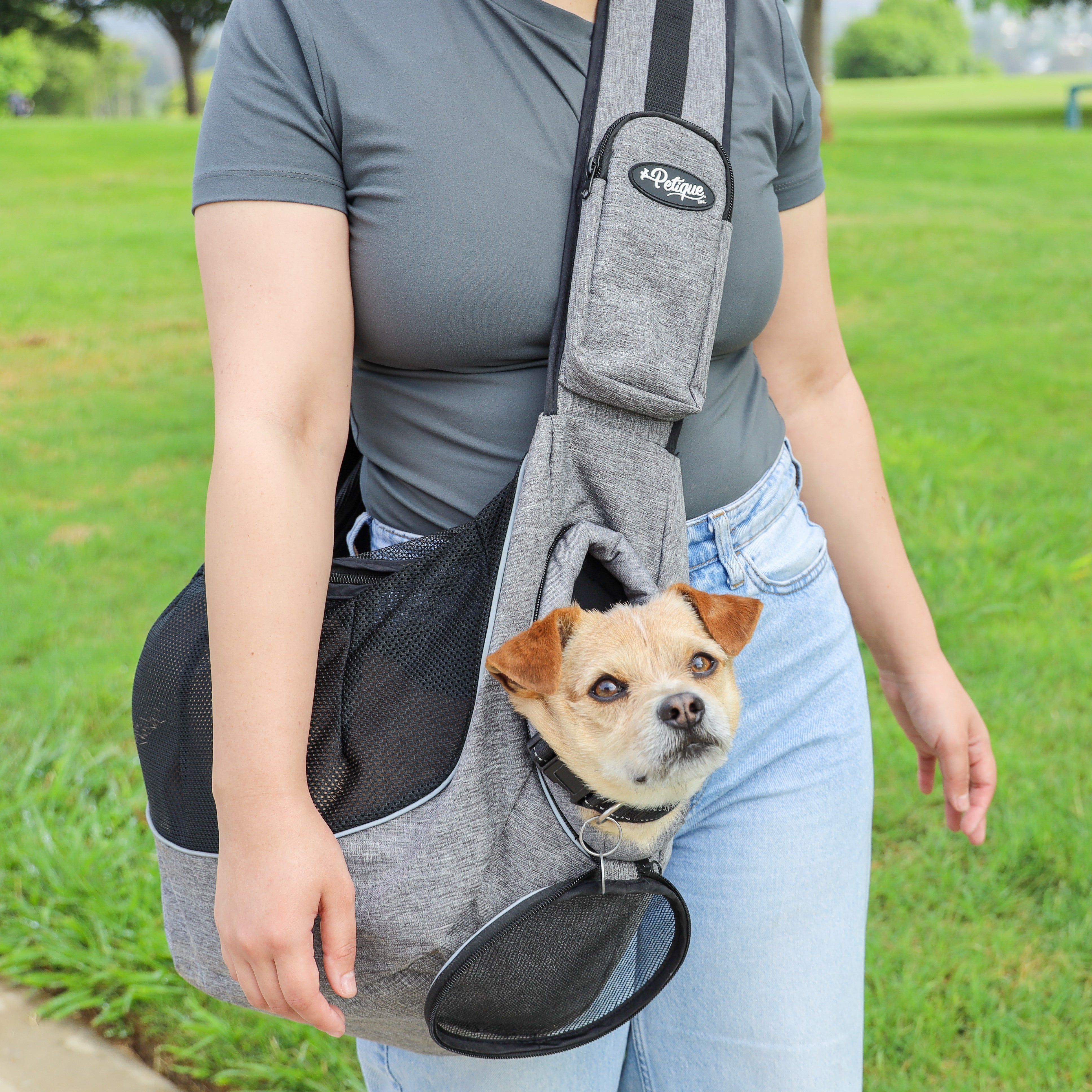 Sling Pet Carrier Hands Free Over the Shoulder Design Adjustable Le Petique Inc