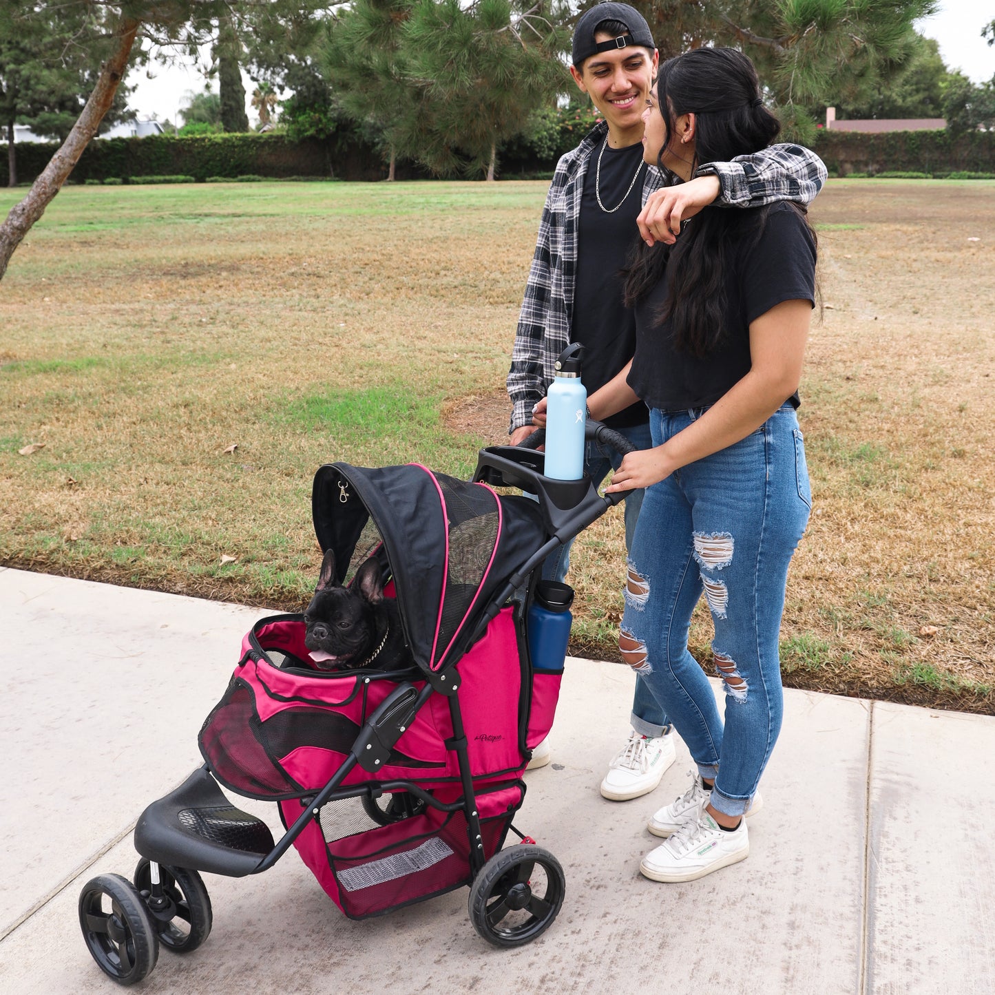 Petique Durable Pet Stroller with Rain/Weather Cover, Large Wheels, Easy Fold, Large Storage Basket, Secure Cup Holder Tray, for Small to Medium Dog, Cat, Bunny, Supports pets up to 55LBS - PINK