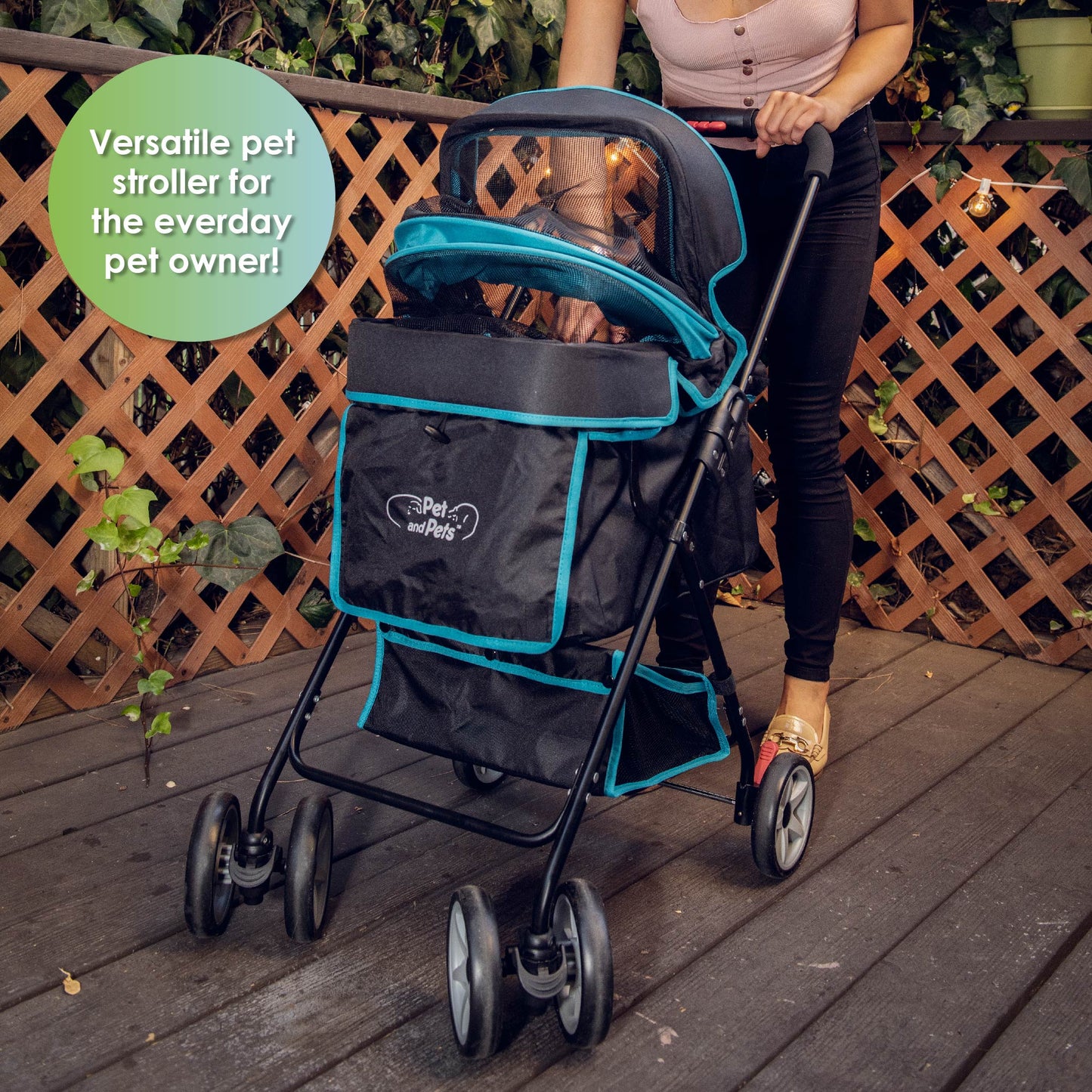 Swift Pet Stroller -  Zipperless, Quality Mesh Windows, Pee Pad Insert, Double Rear Brakes, Rotating Front Wheels, Lightweight, Two-Way Canopy, for Small Dogs/Cats, Supports pets up to 45LBS