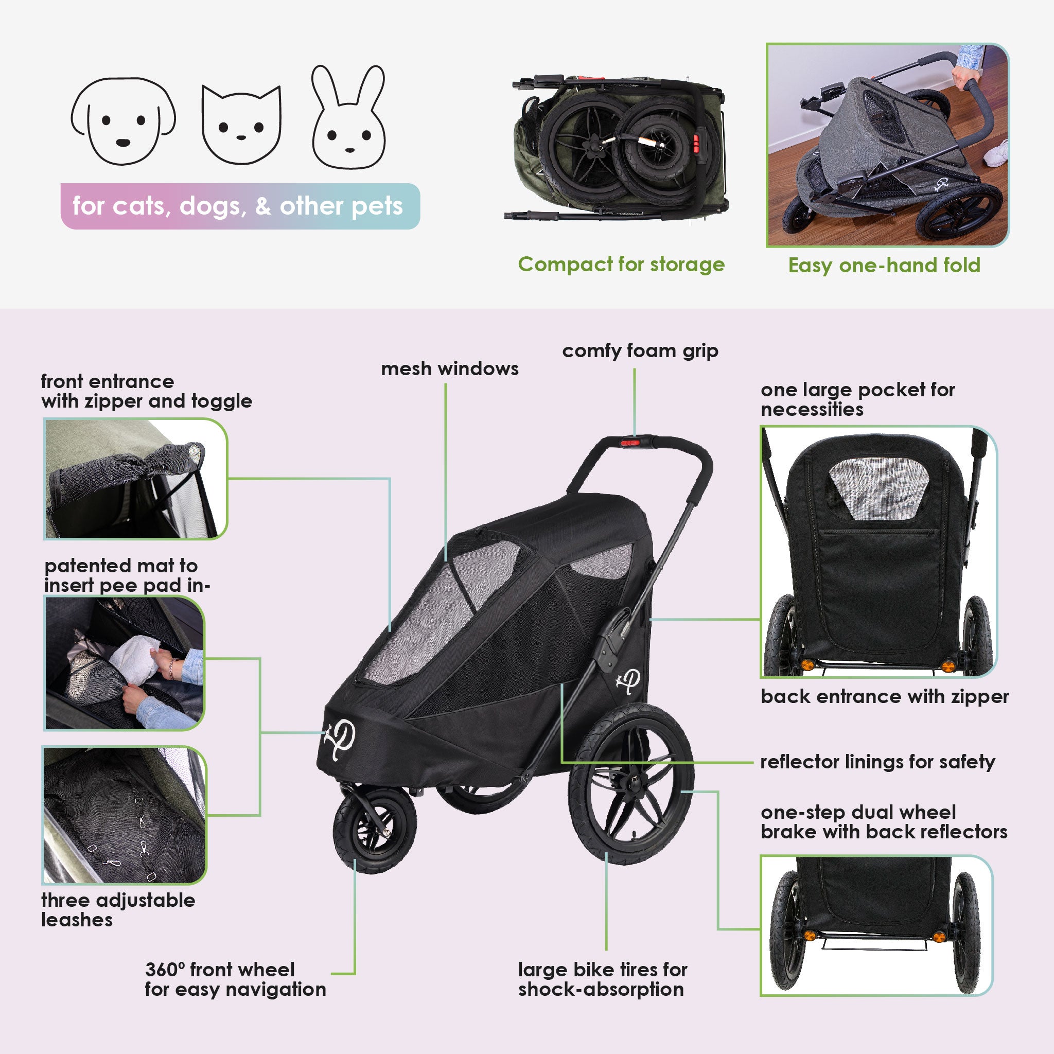 Breeze Pet Jogger/Stroller/Bike Trailer Shock Absorbing Bike Wheels, Easy  Folding, Removable Fabric, Pee Pad Insert, for Large/Medium/Small  Dogs/Cats, ...