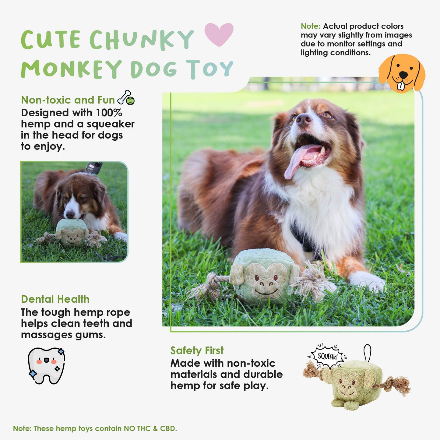 Cute Chunky Monkey Dog Toy: Fun Squeaker & Hemp Rope, Mentally & Physically Stimulates Pets, Cute Block Head with Stuffing & Squeaker, Tough Hemp for Chewing & Fetching, Non-Toxic, Cleans Teeth, Variety of Textures, for Pets