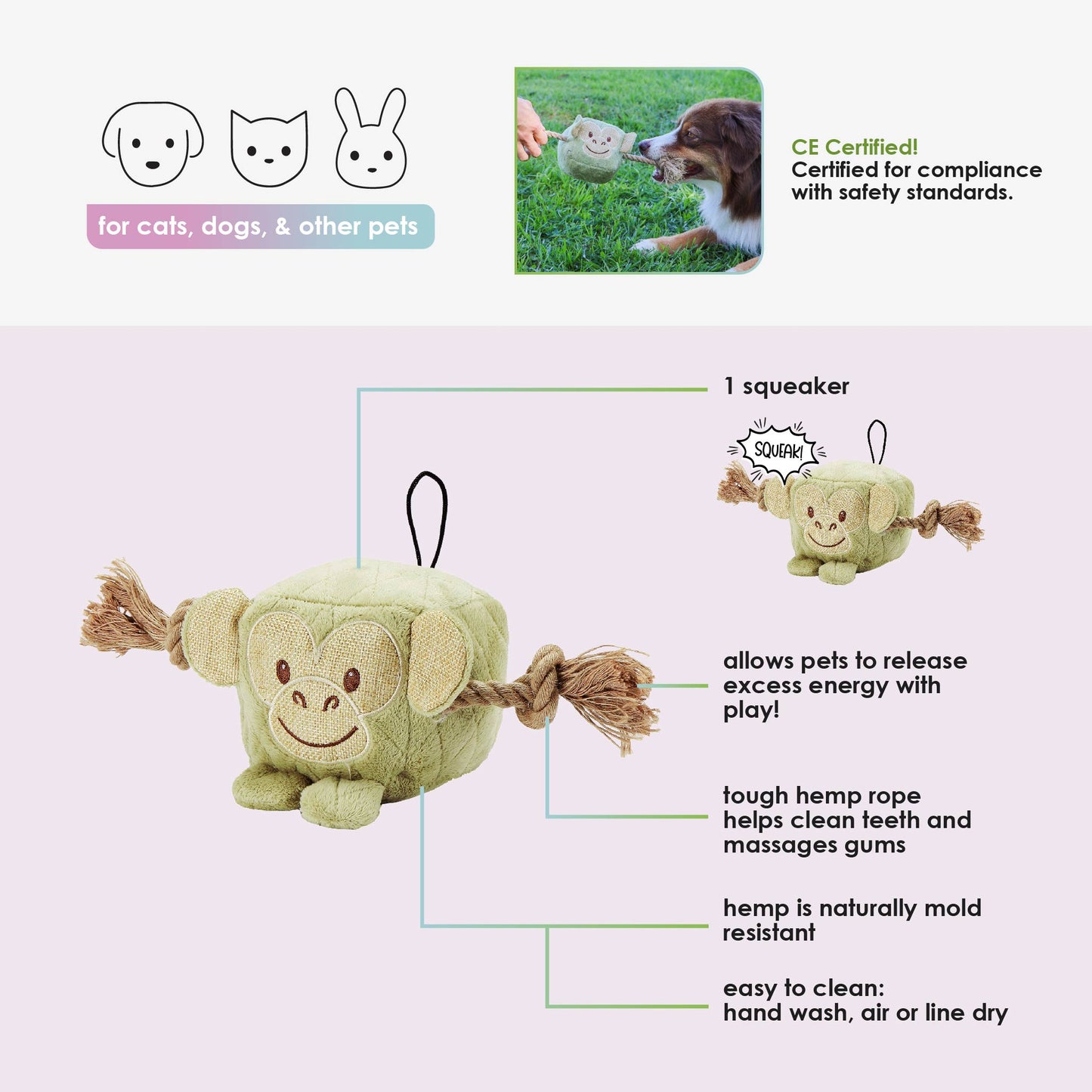 Cute Chunky Monkey Dog Toy: Fun Squeaker & Hemp Rope, Mentally & Physically Stimulates Pets, Cute Block Head with Stuffing & Squeaker, Tough Hemp for Chewing & Fetching, Non-Toxic, Cleans Teeth, Variety of Textures, for Pets