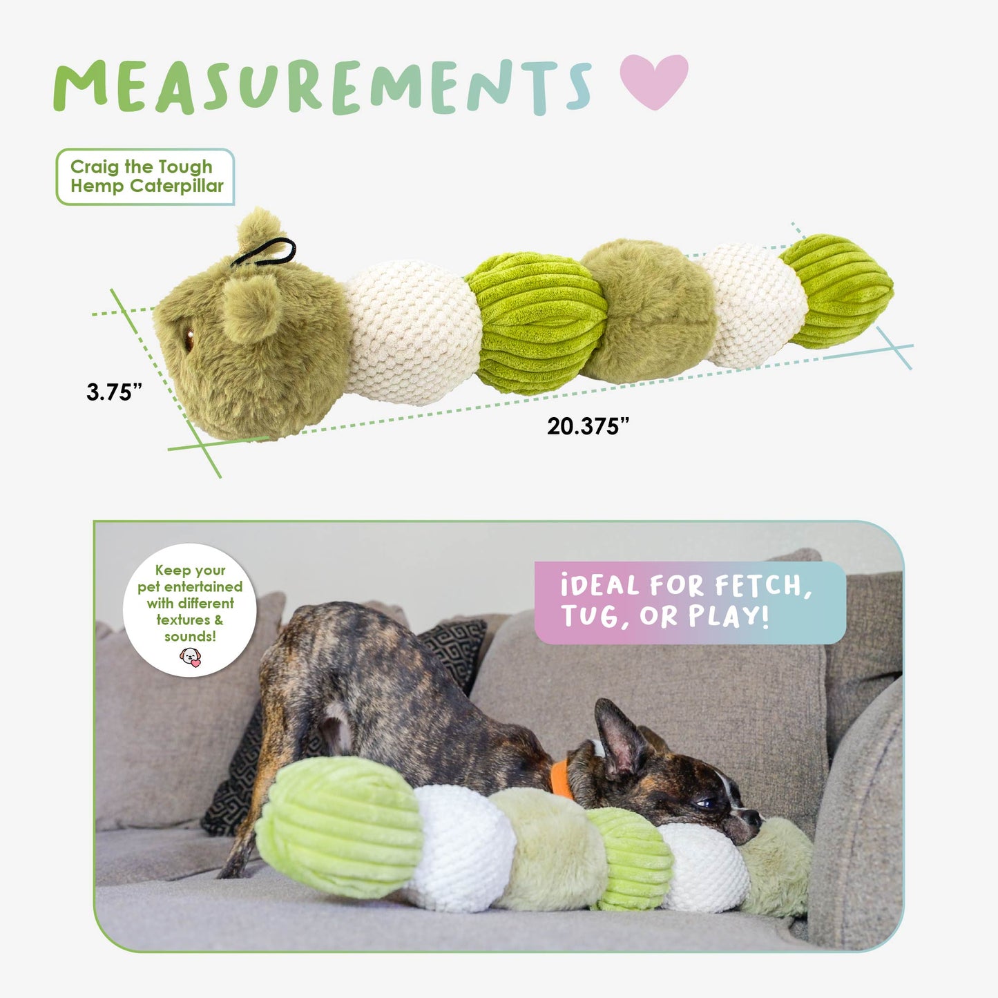 Craig the Tough Hemp Caterpillar Dog Toy: Durable Squeaky Balls, Crinkle Material for Interactive Play, Eco-Friendly Hemp Antennas, Reduces Boredom & Destructive Behavior