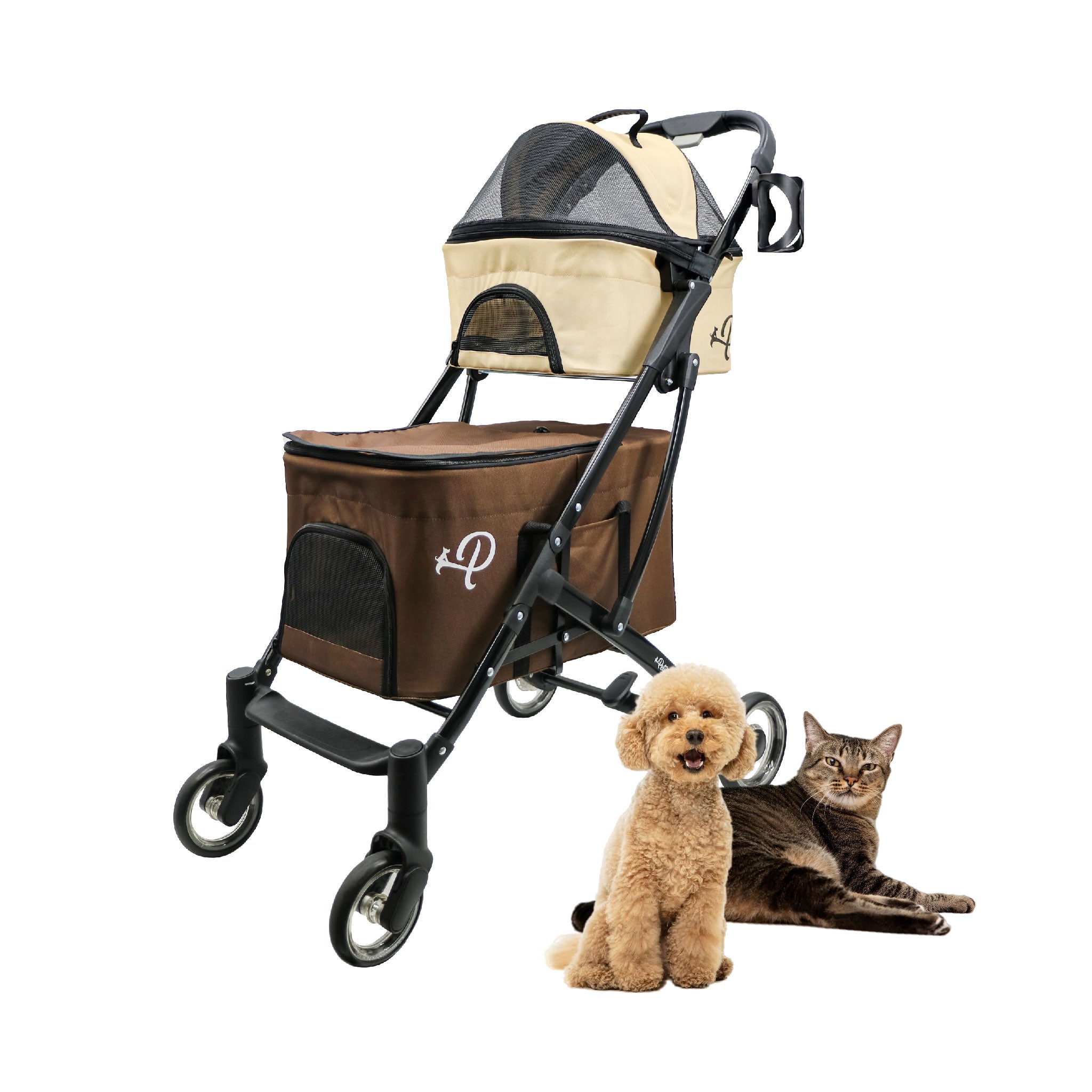 Deluxe Double Decker Pet Stroller Dual Bassinets Washable Pee Pads Adjustable Leashes Mesh Windows Cup Holders Storage Pockets One Hand Fold