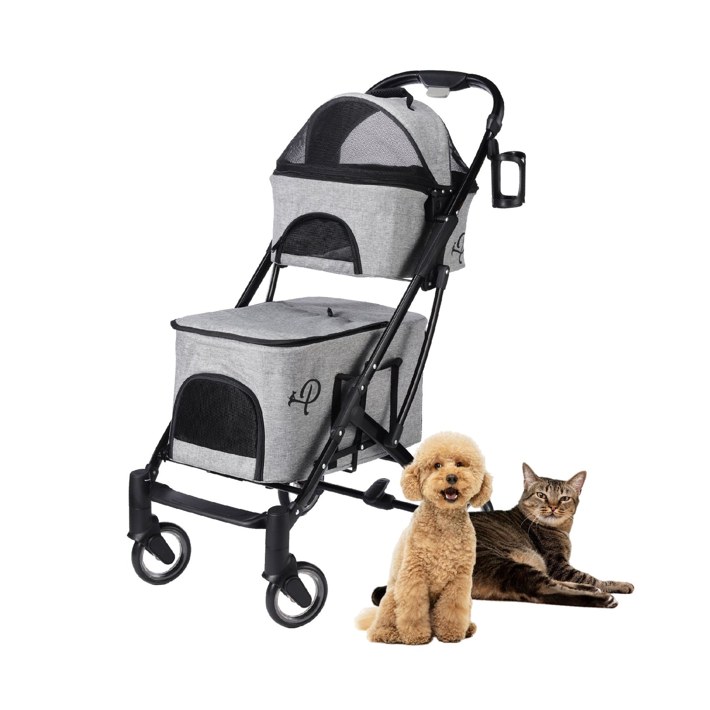 Deluxe Double Decker Pet Stroller - Dual Bassinets, Washable Pee Pads, Adjustable Leashes, Mesh Windows, Cup Holders, Storage Pockets, One-Hand Fold, Lightweight for Dogs/Cats/Pets