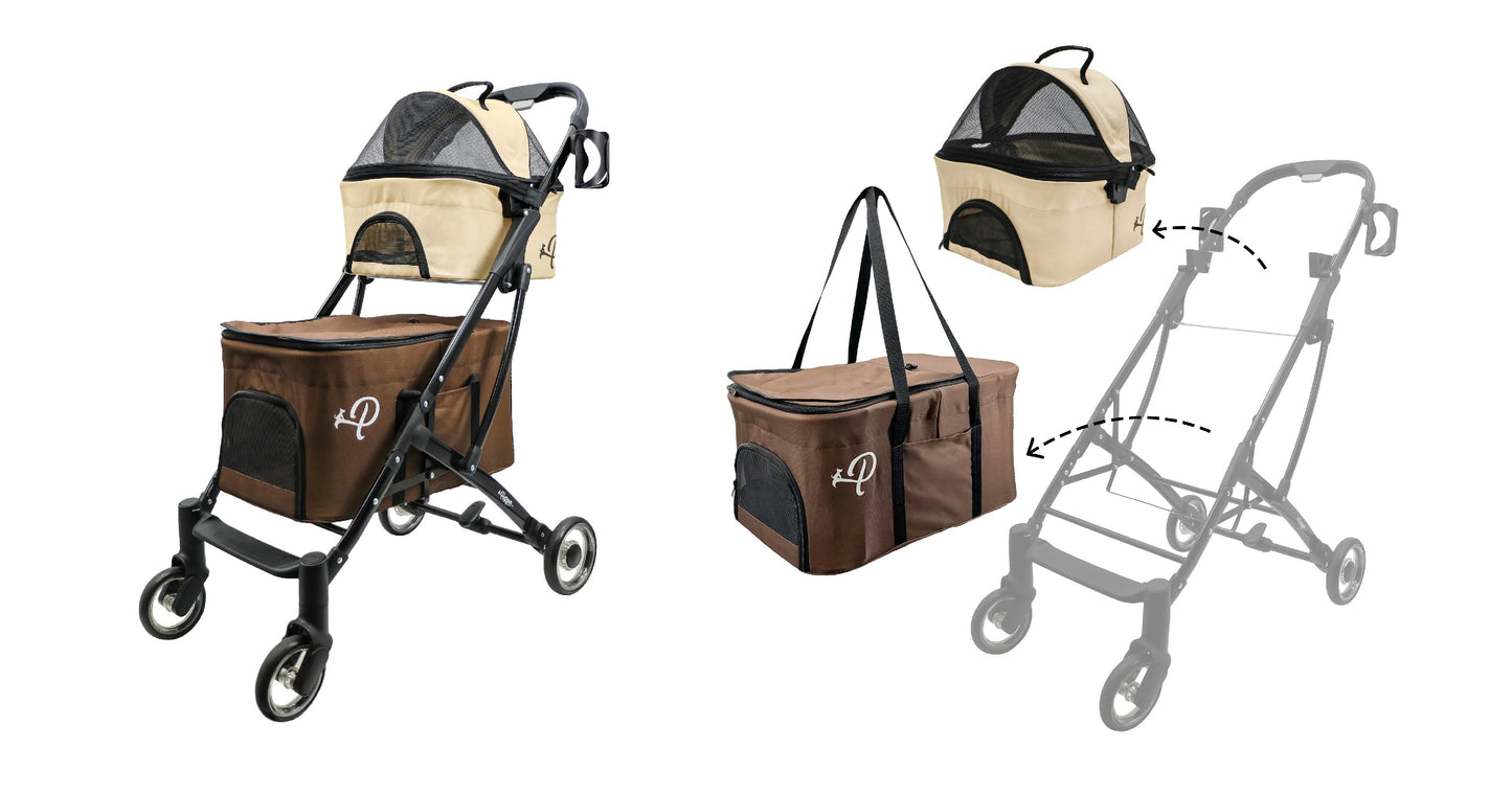 OPEN-BOX | Two Level Pet Stroller + Detachable Car Seats for Multiple Pets in Brown