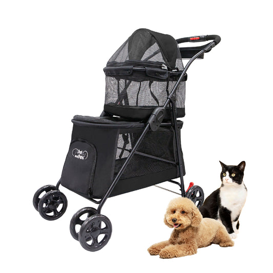 Double Decker Pet Stroller - BLACK: Dual Bassinets for Multiple Pets, Removable Pee Pads, Adjustable Leashes, Mesh Windows, Swivel Wheel, One-Hand Fold, Lightweight, for Small/Medium Dogs/Cats/Pets
