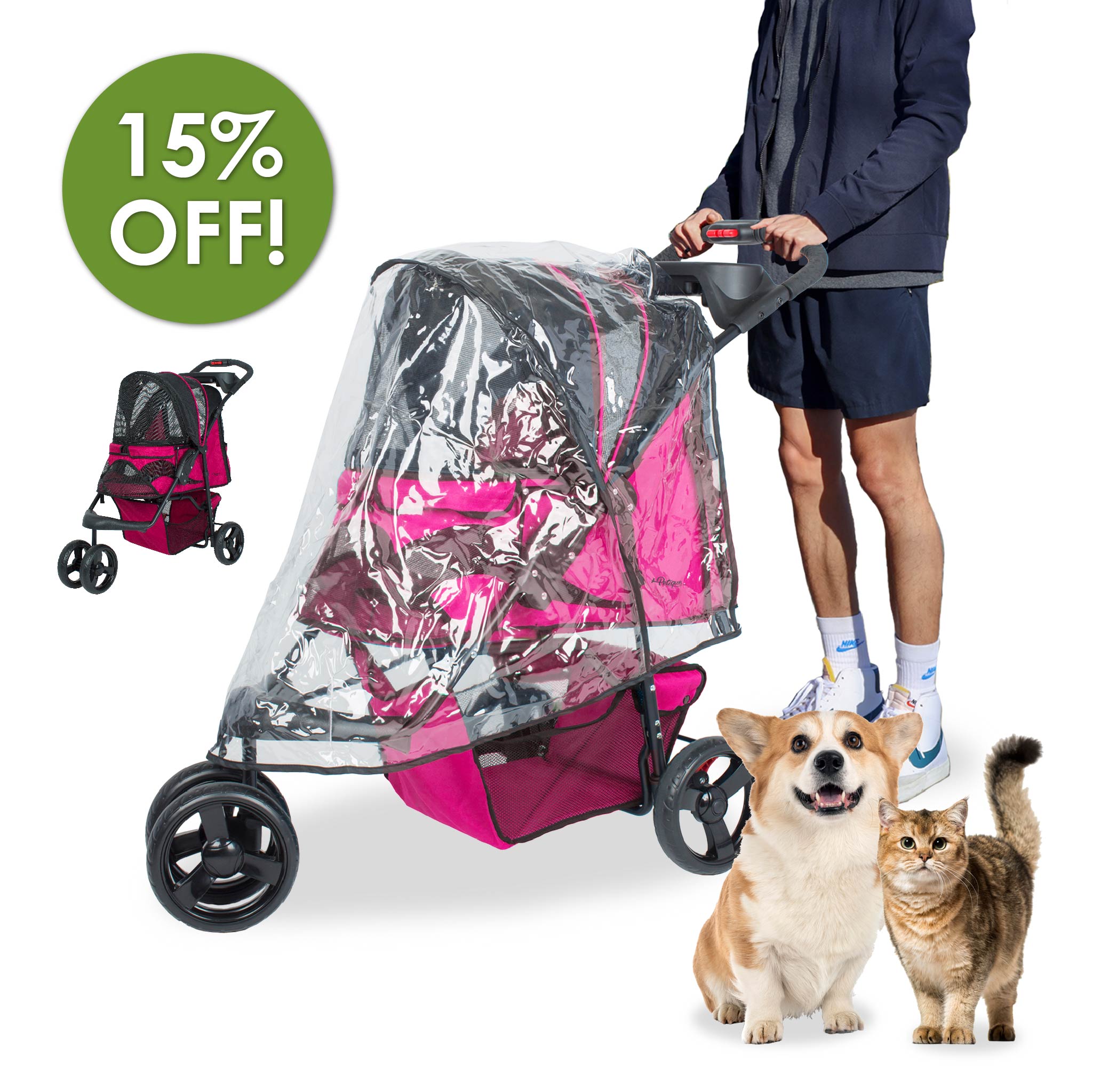 Petique Durable Pet Stroller with Rain Weather Cover Large Wheels Ea Petique Inc