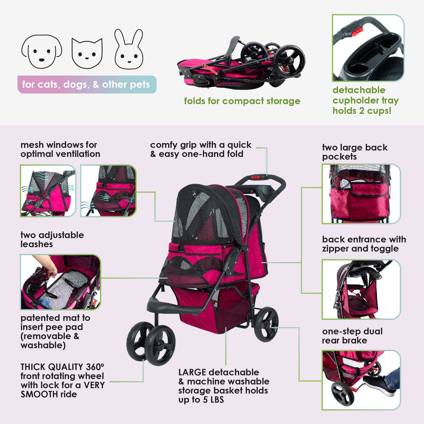 Petique Durable Pet Stroller with Rain/Weather Cover, Large Wheels, Easy Fold, Large Storage Basket, Secure Cup Holder Tray, for Small to Medium Dog, Cat, Bunny, Supports pets up to 55LBS - PINK