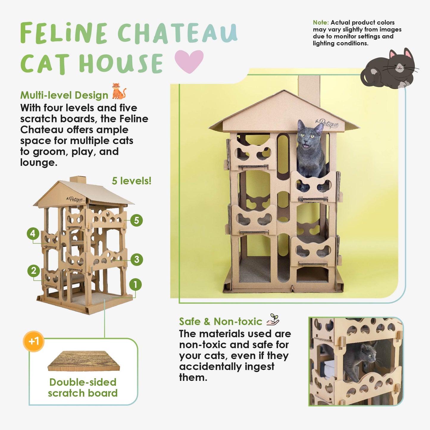 Feline Chateau Cat House: Eco-Friendly, Non-Toxic, Easy Assembly, Sustainable, Compostable, Lightweight, Sturdy, Recycled Cardboard, 5 Scratch Boards, Multi-Level, SUPPORTS UP TO 30 LBS