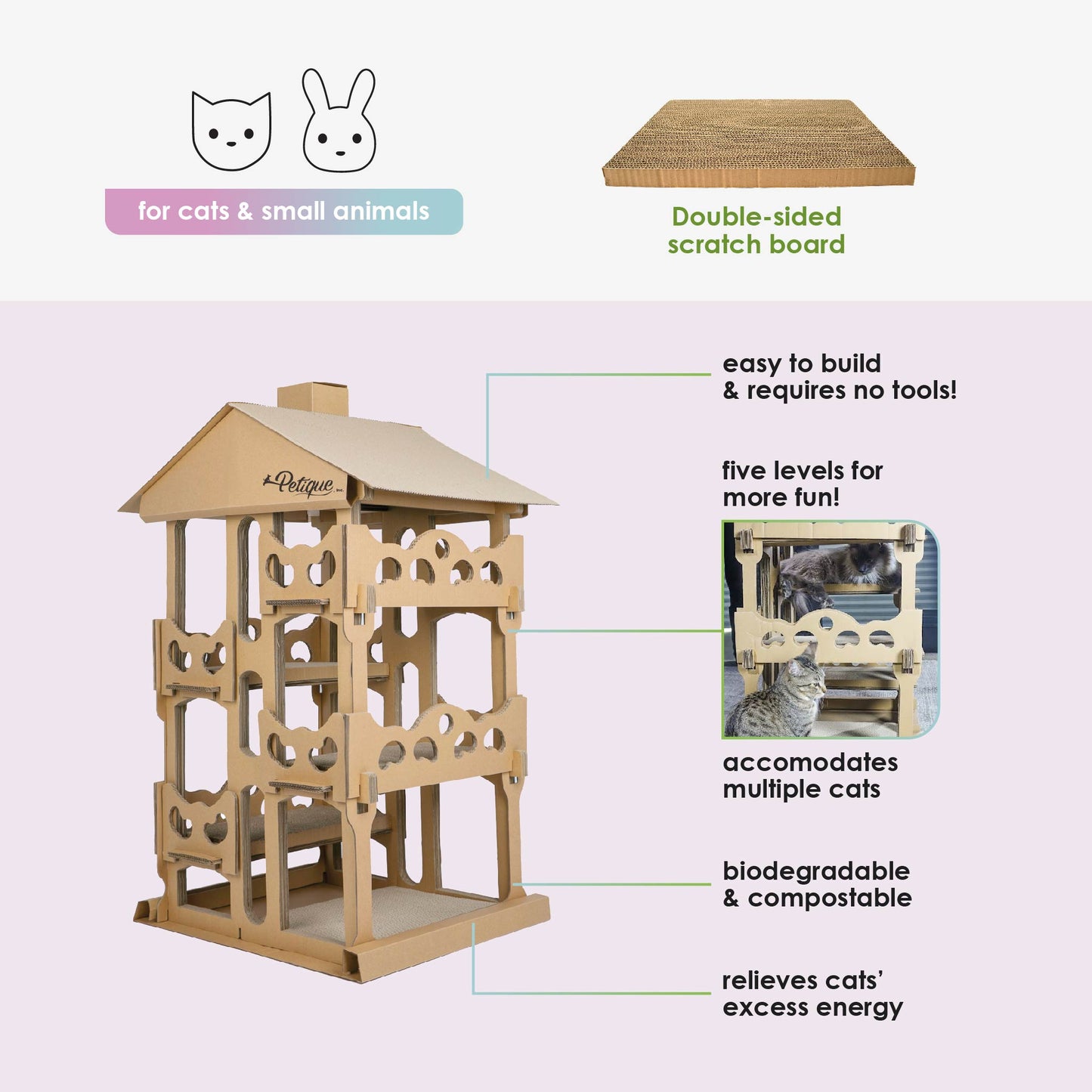 Feline Chateau Cat House: Eco-Friendly, Non-Toxic, Easy Assembly, Sustainable, Compostable, Lightweight, Sturdy, Recycled Cardboard, 5 Scratch Boards, Multi-Level, SUPPORTS UP TO 30 LBS