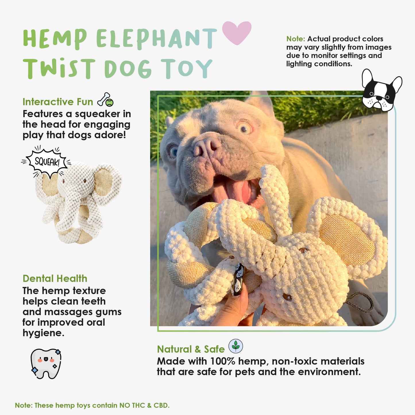 Tough Hemp Elephant Twist Dog Toy: Fun Squeaker, Mentally & Physically Stimulates, Large Hemp Rope Body for Chewing, Tough Hemp for Play & Fetch, Non-Toxic, Cleans Teeth, Variety of Textures, for Pets