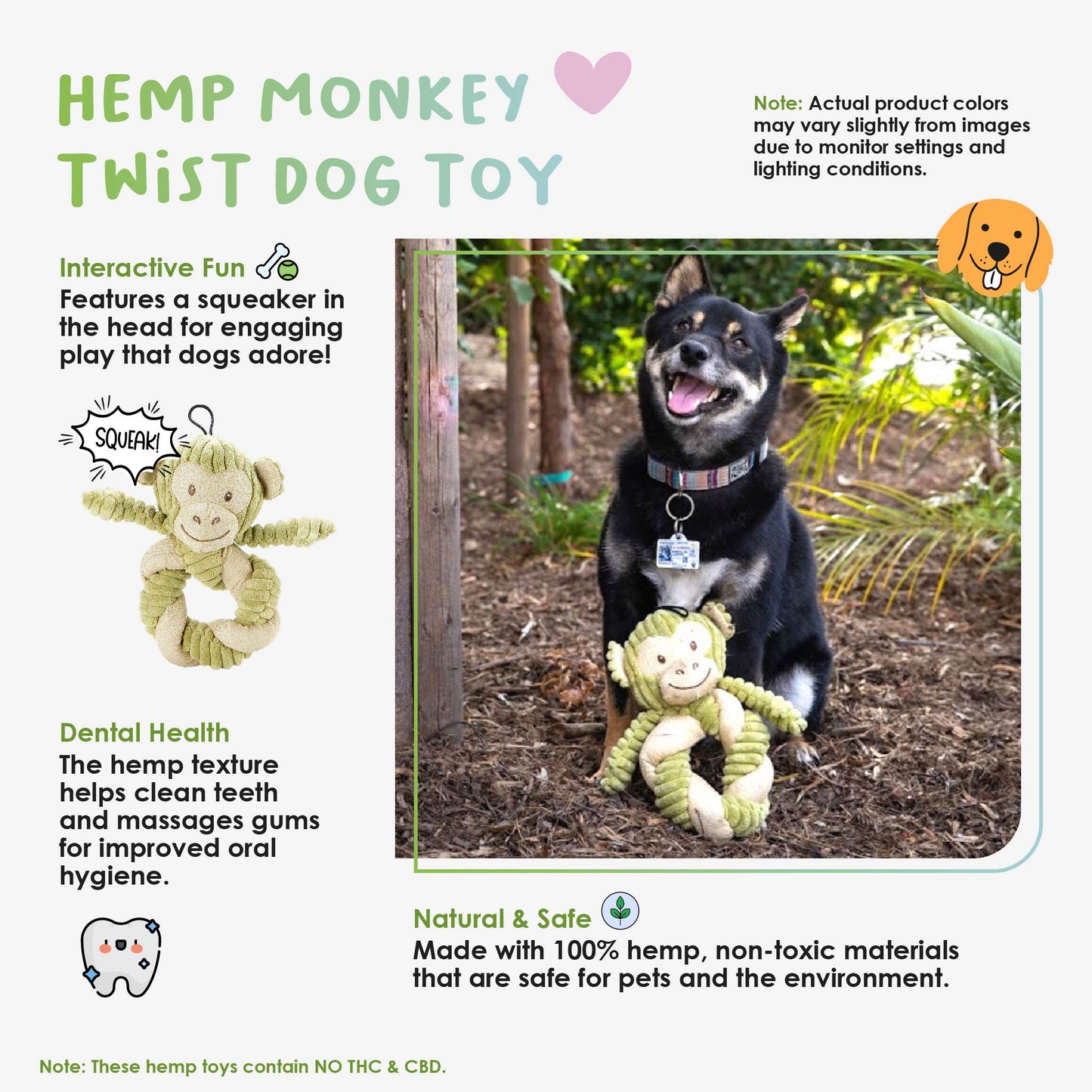 Hemp Monkey Twist Dog Toy, Fun Squeaker in Head, Stimulates Pets Mentally & Physically, Cute Twisted Body with Hemp, Tough Hemp Rope for Chewing & Fetching, Non-Toxic, Cleans Teeth, Variety of Textures, for Pets