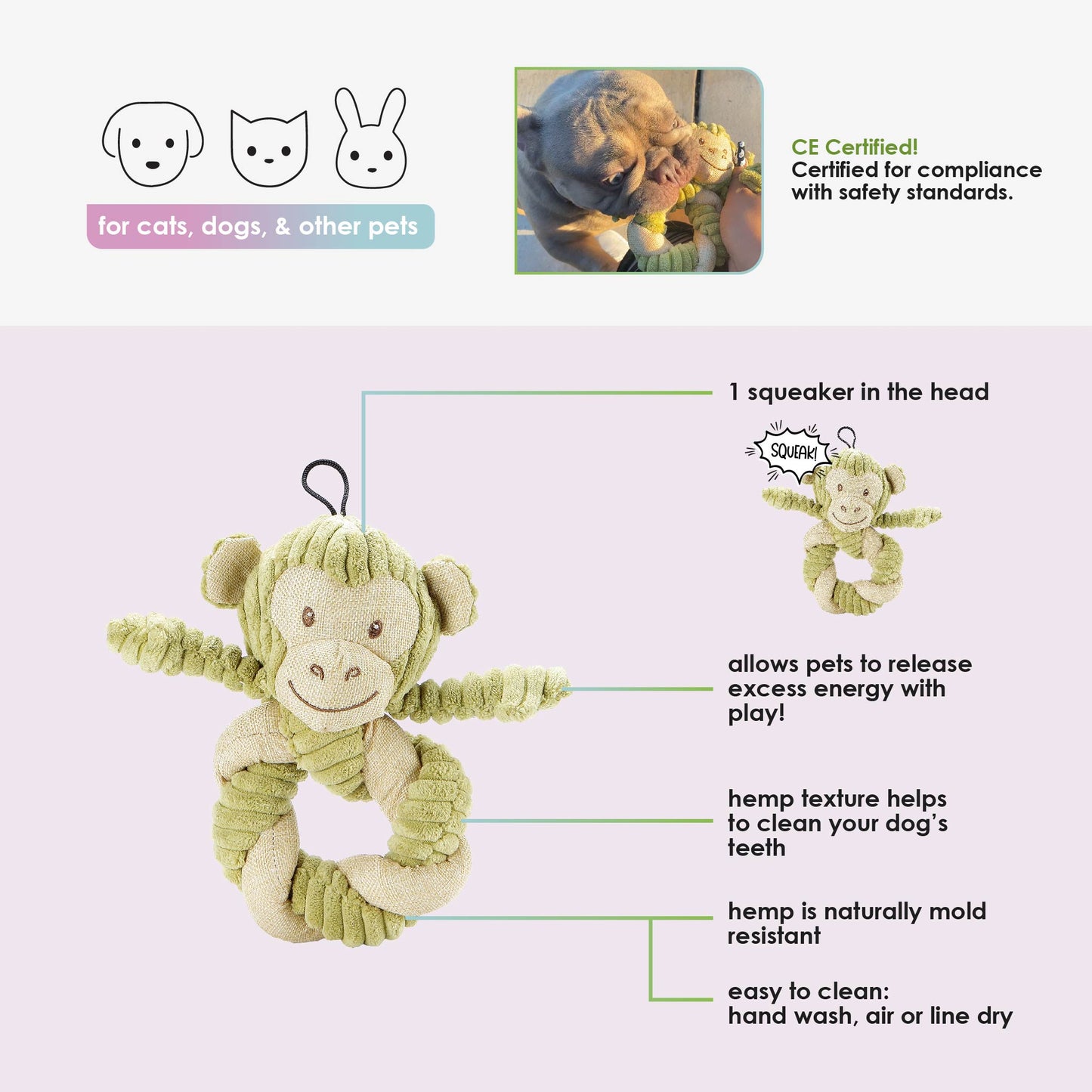 Hemp Monkey Twist Dog Toy, Fun Squeaker in Head, Stimulates Pets Mentally & Physically, Cute Twisted Body with Hemp, Tough Hemp Rope for Chewing & Fetching, Non-Toxic, Cleans Teeth, Variety of Textures, for Pets