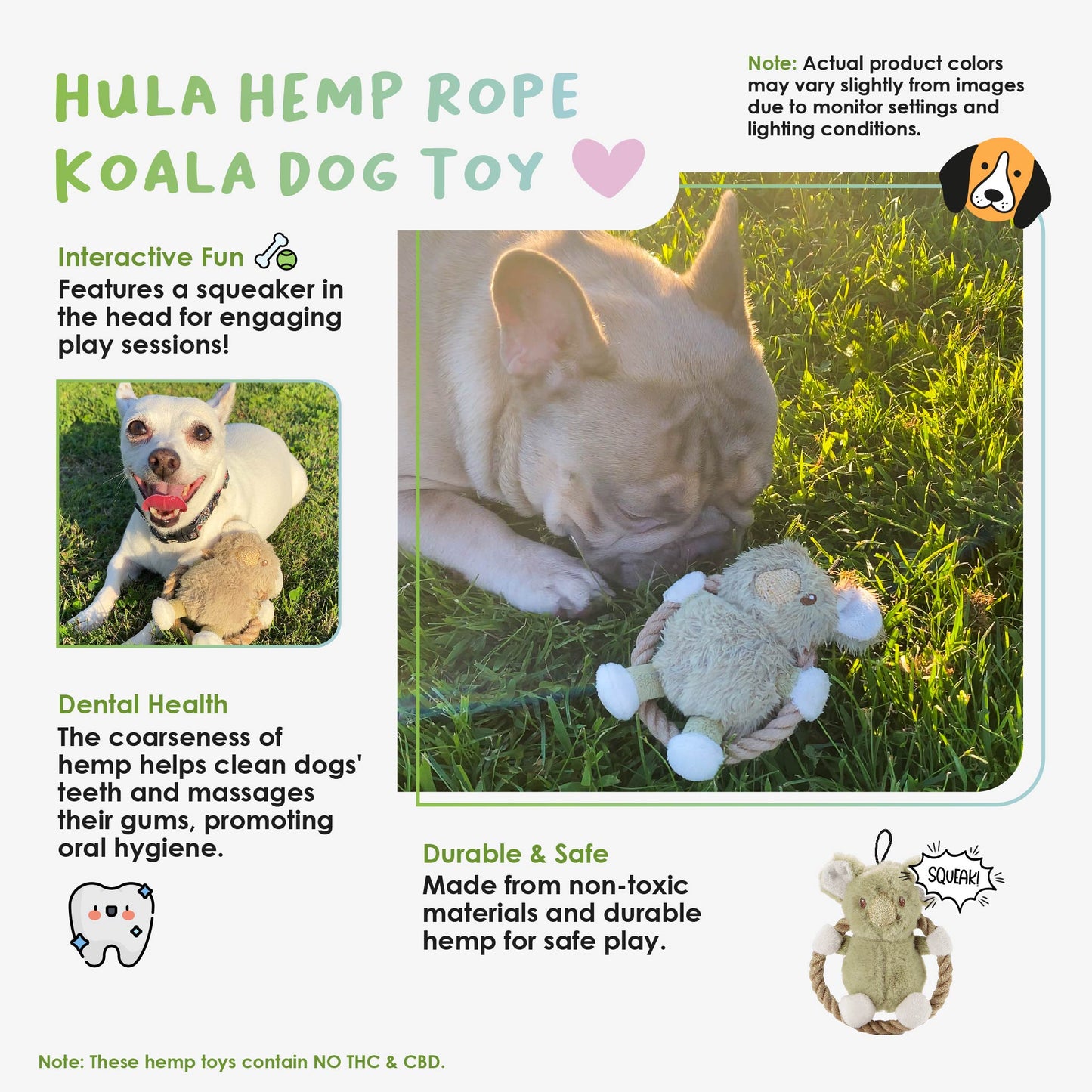 Hula Hemp Rope Koala Dog Toy: Fun Squeaker in Head, Stimulates Pets Mentally & Physically, Tough Hemp Rope for Holding, Fetching, & Tug of War, Non-Toxic, Cleans Teeth, Variety of Textures, for Pets