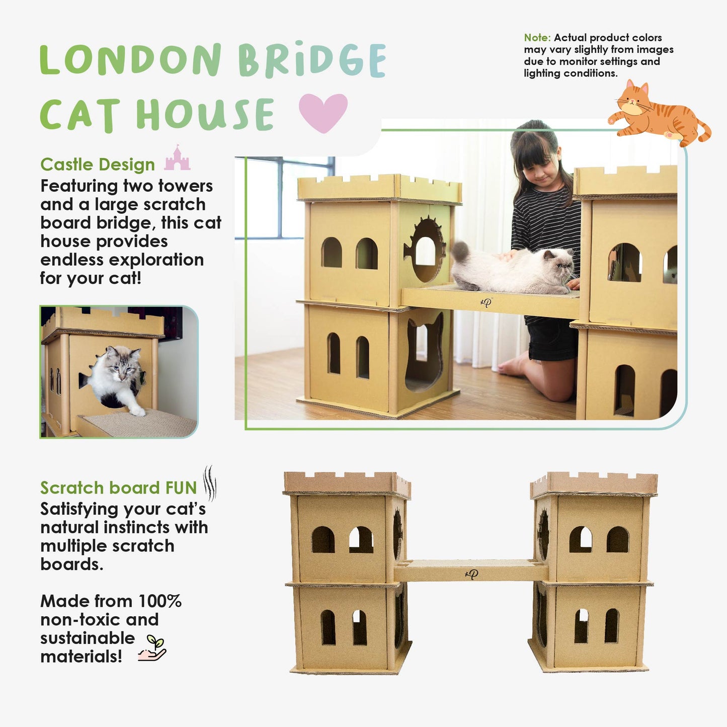 London Bridge Cat House: Safe, Sustainable, Fun, Non-Toxic, Sturdy, Easy Assembly, Eco-Friendly, 3 Levels, Multiple Scratch Boards, SUPPORTS UP TO 35 LBS