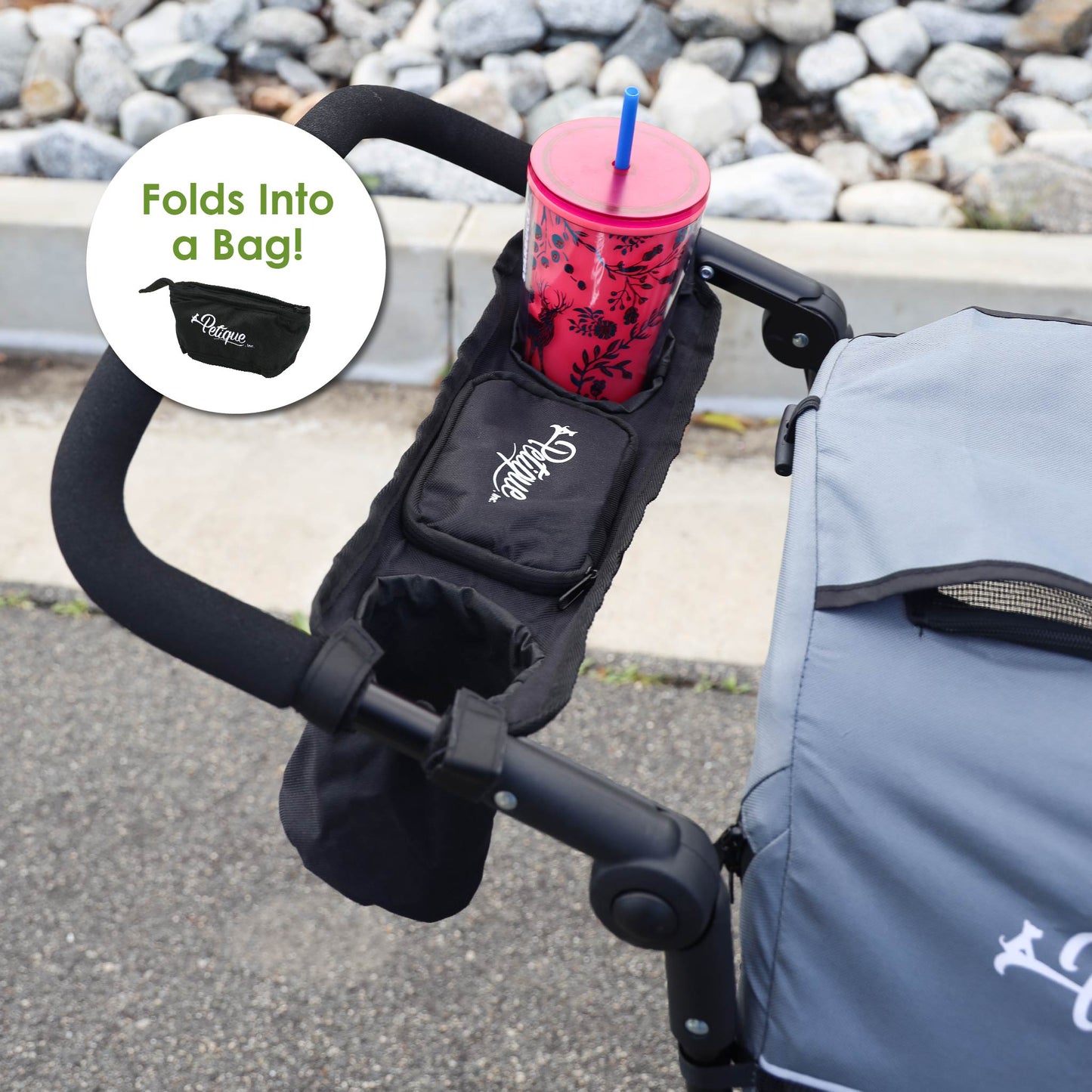 Portable Stroller Organizer: Easy Attach & Secure, Fits Pet Jogger/Stroller Handles, Stores Beverages, Phones, Treats, Keys, Foldable into Pouch, Secure Pocket, Holds 2 Cups, COMPATIBLE ONLY with our Trailblazer Pet Jogger & All Terrain Pet Jogger