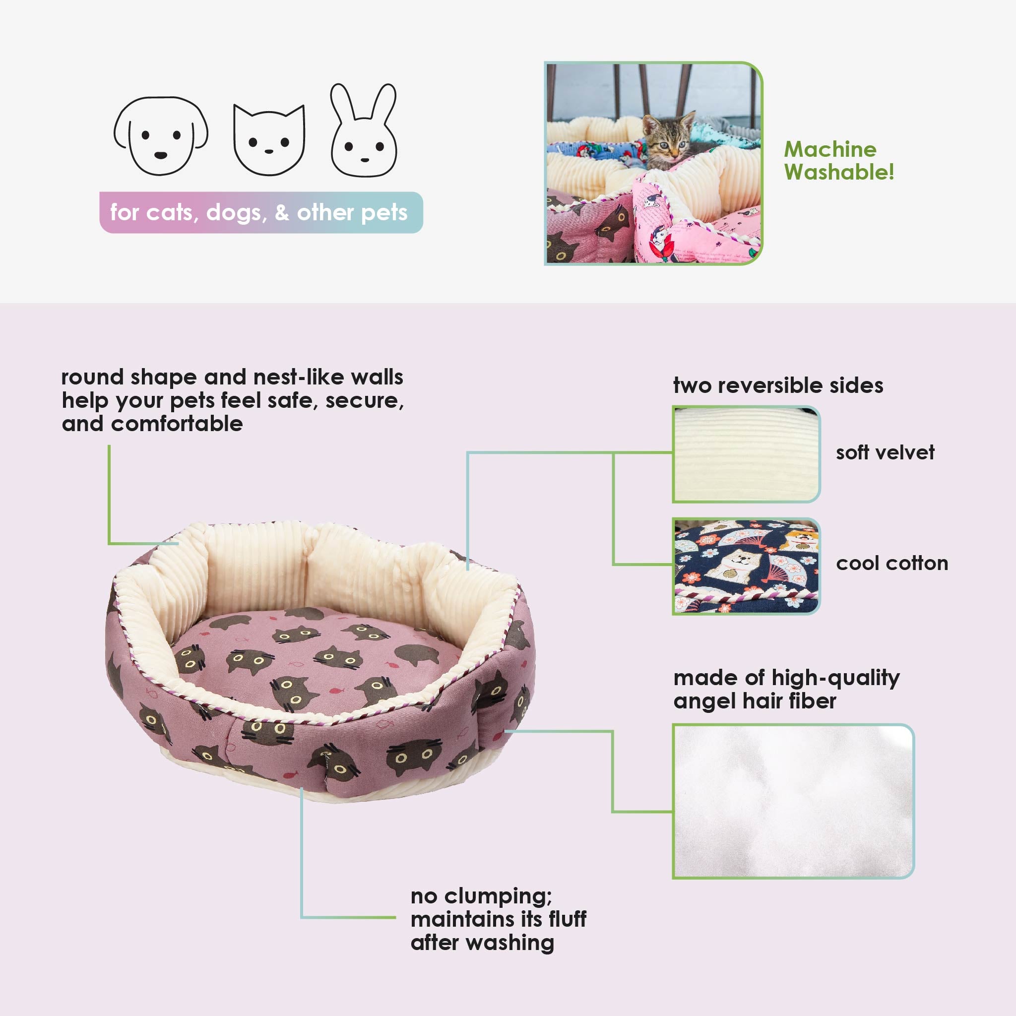 Reversible Round Pet Bed Ultra Soft Angel Hair Fiber Nest Like Walls Breathable Cotton Cozy Velvety Side 5 Limited Edition Designs Perfect for