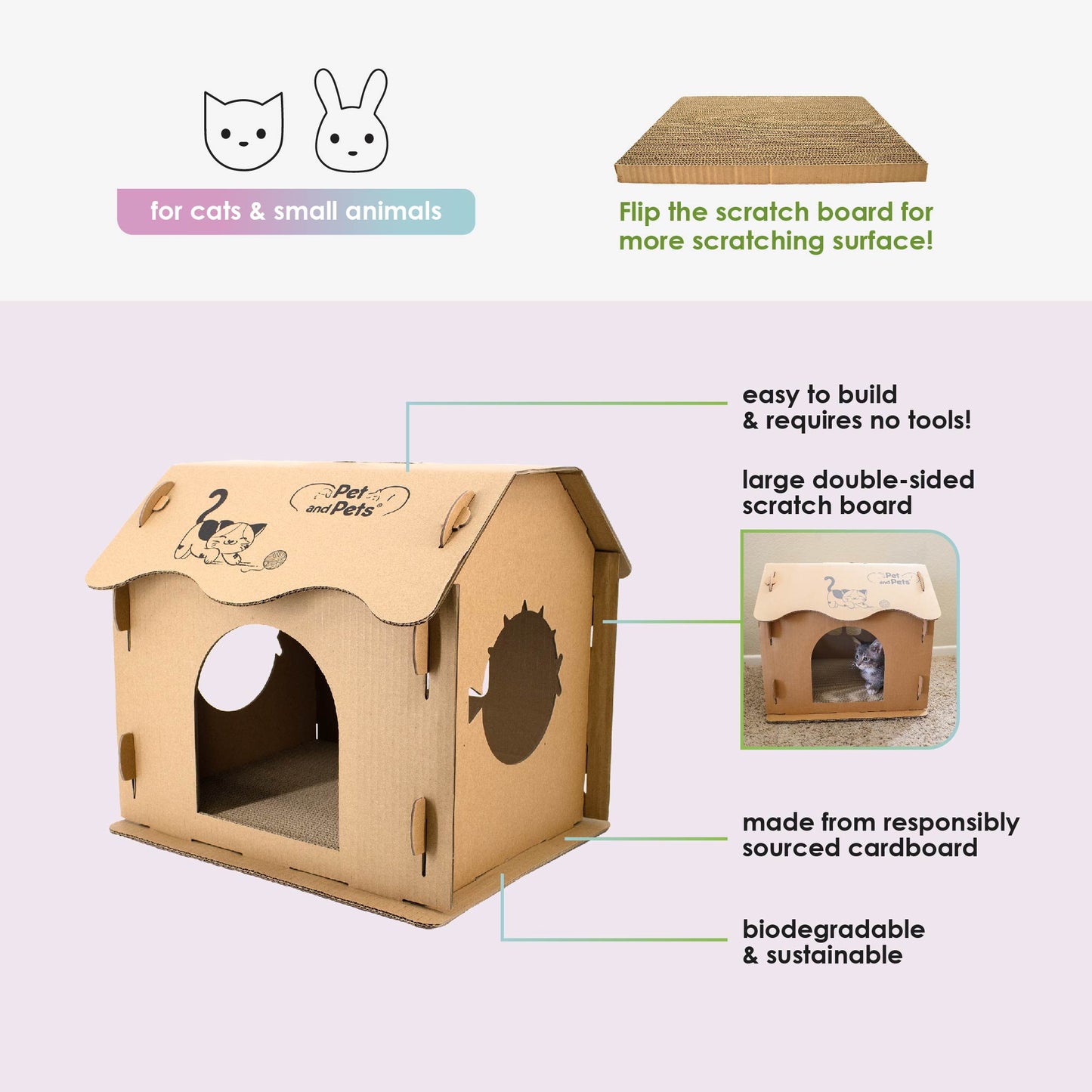 Scratch Pad Cat House: Large Double-Sided Scratch board, 100% Non-Toxic, Eco-Friendly, Sturdy, Easy to Build, Lightweight, Durable Cardboard, No Formaldehyde, Sustainable, Compostable, Recyclable, for Cats, Bunnies, Small Animals