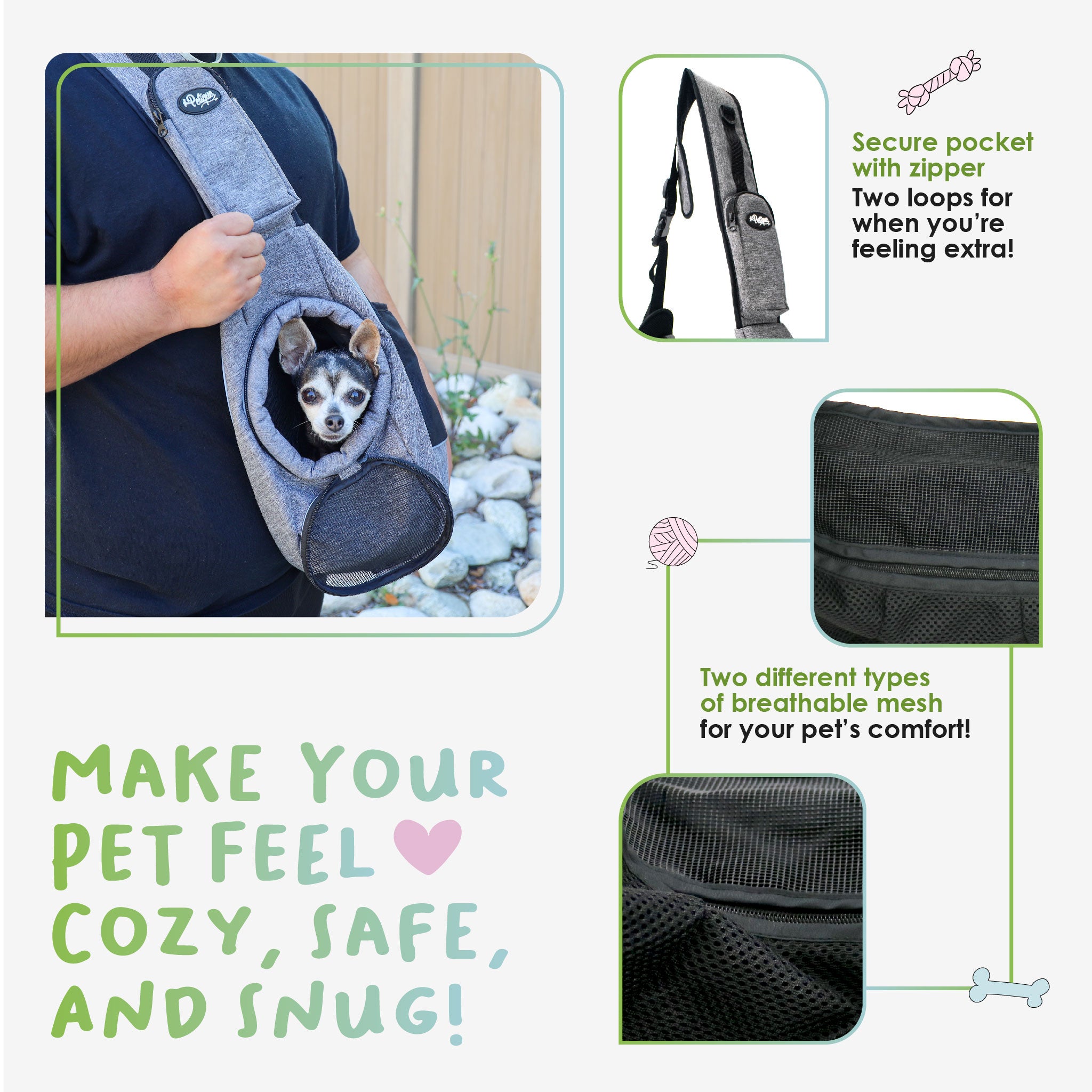 Sling Pet Carrier Hands Free Over the Shoulder Design Adjustable Leash Padded Strap Pee Pad Insert Reflective Strips Secure Zipper Pocket