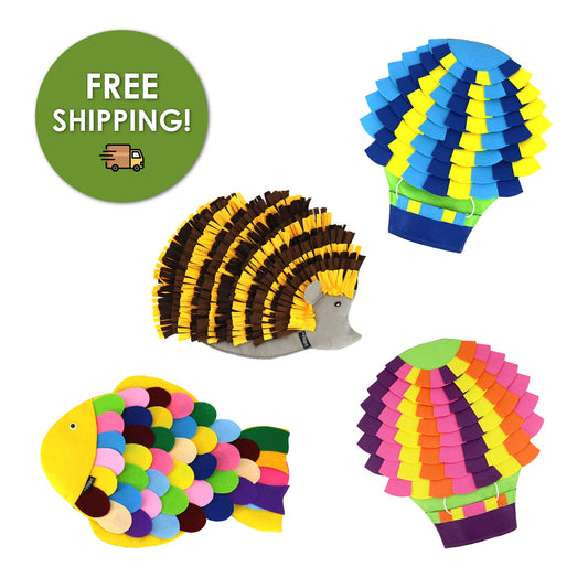 Snuffle Mat Puzzle Pad 4 Piece Bundle: Hot Air Balloon, Tropical, Fish, Hedgehog, Interactive Dog & Cat Enrichment Toy, Mental Stimulation, Slow Feeder, Nose Work Training, Prevents Destructive Behavior, Relieves Anxiety, Durable, Easy to Clean