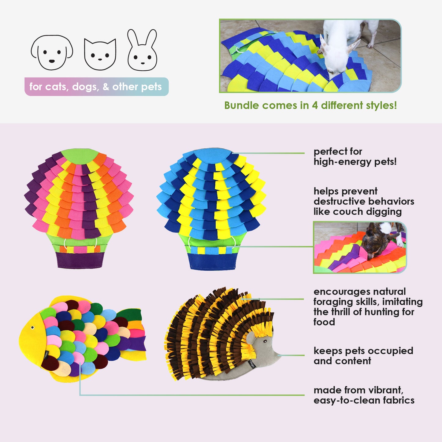 Snuffle Mat Puzzle Pad 4 Piece Bundle: Hot Air Balloon, Tropical, Fish, Hedgehog, Interactive Dog & Cat Enrichment Toy, Mental Stimulation, Slow Feeder, Nose Work Training, Prevents Destructive Behavior, Relieves Anxiety, Durable, Easy to Clean