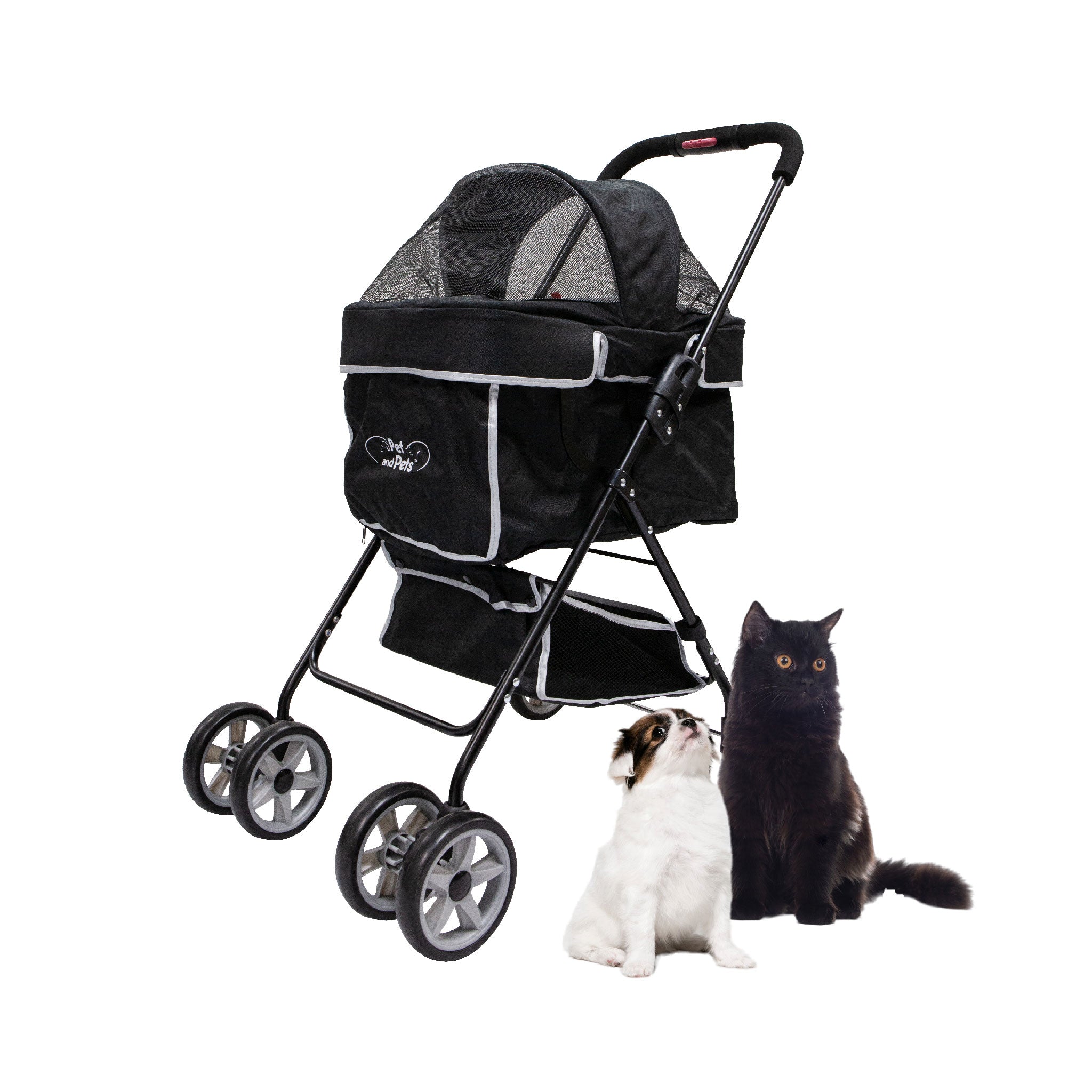 Swift Pet Stroller Zipperless Quality Mesh Windows Pee Pad Insert Double Rear Brakes Rotating Front Wheels Lightweight Two Way Canopy for