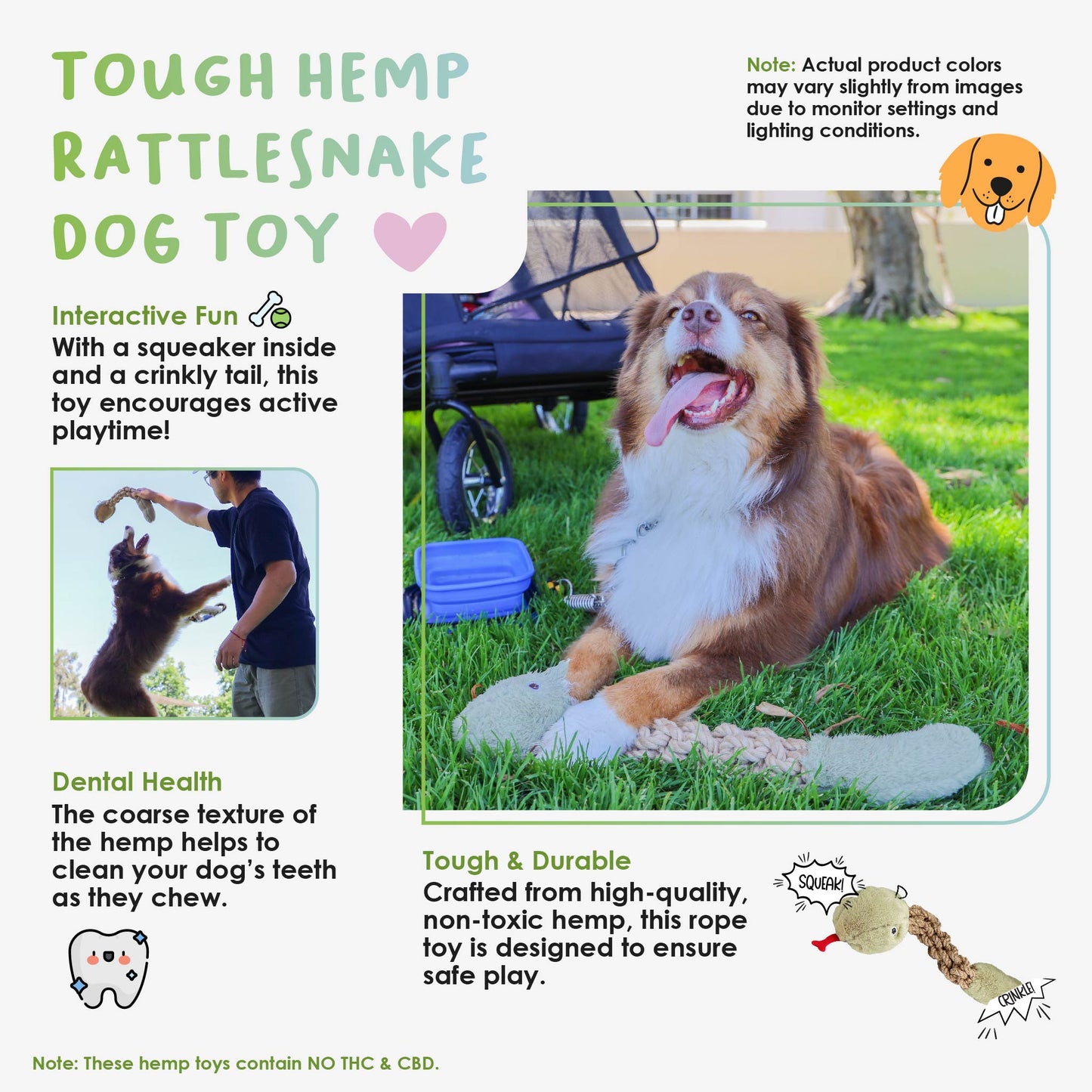 Tough Hemp Rattlesnake Dog Toy: Non-Toxic, Squeaky & Crinkly, Mentally & Physically Stimulating for Chewing & Fetching, Durable Hemp Rope for Dental Cleaning & Gum Massage, Perfect for Chewers & Destructive Pets