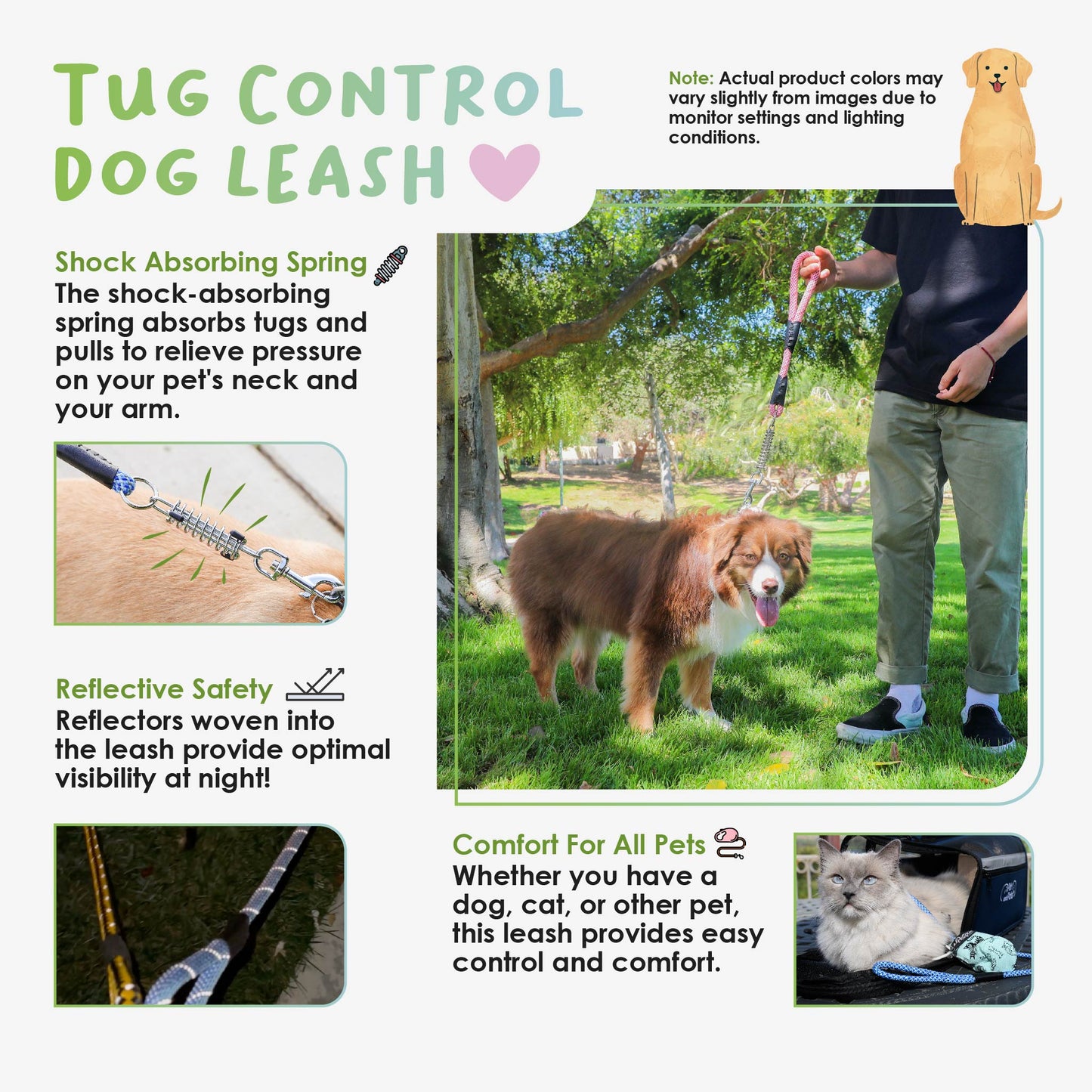 Tug Control Dog Leash - Reflective, Shock Absorber, Comfortable Grip, Sleek Design, Strong Weave Accent, for Small/Medium/Large Dogs/Cats/Pets