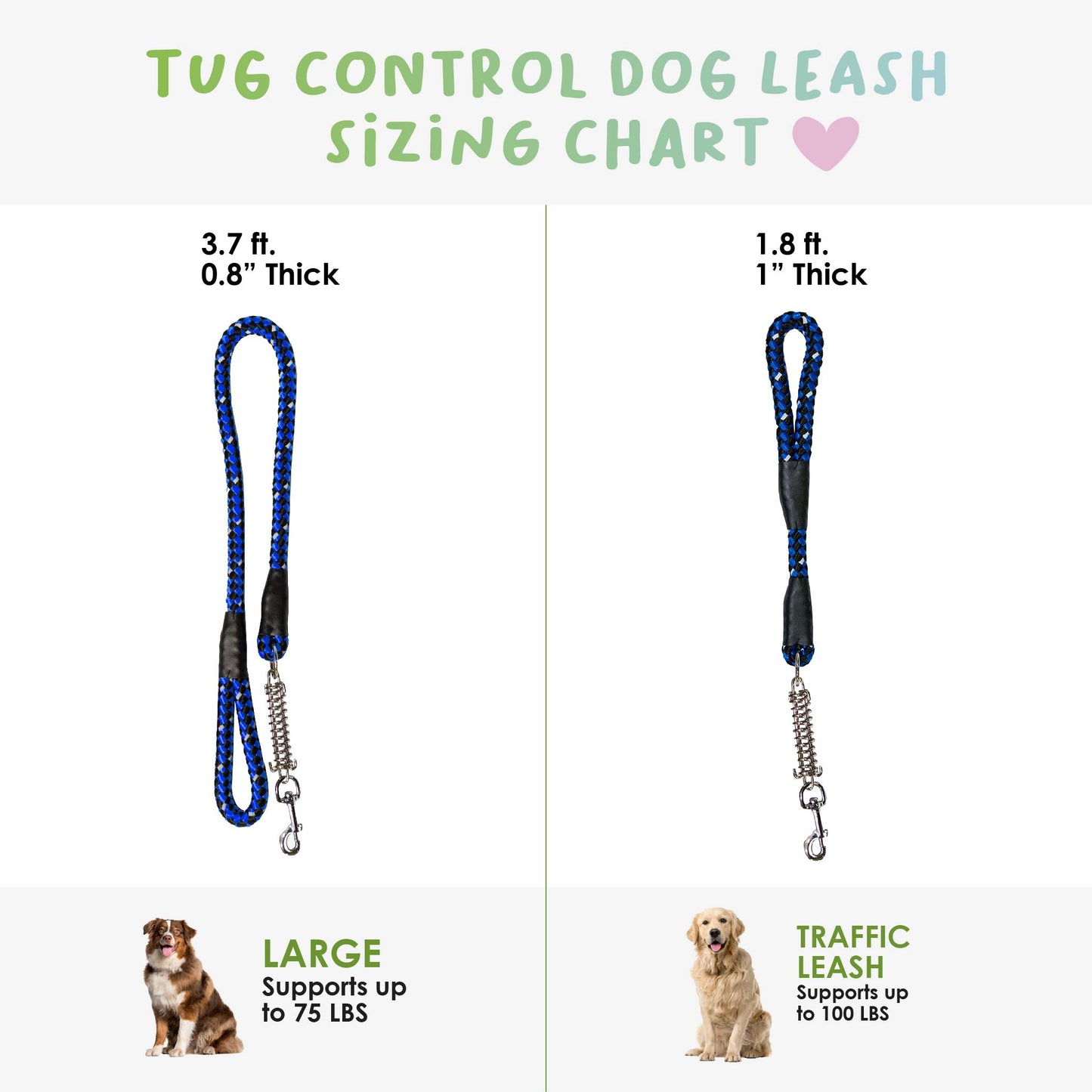 Tug Control Dog Leash - Reflective, Shock Absorber, Comfortable Grip, Sleek Design, Strong Weave Accent, for Small/Medium/Large Dogs/Cats/Pets