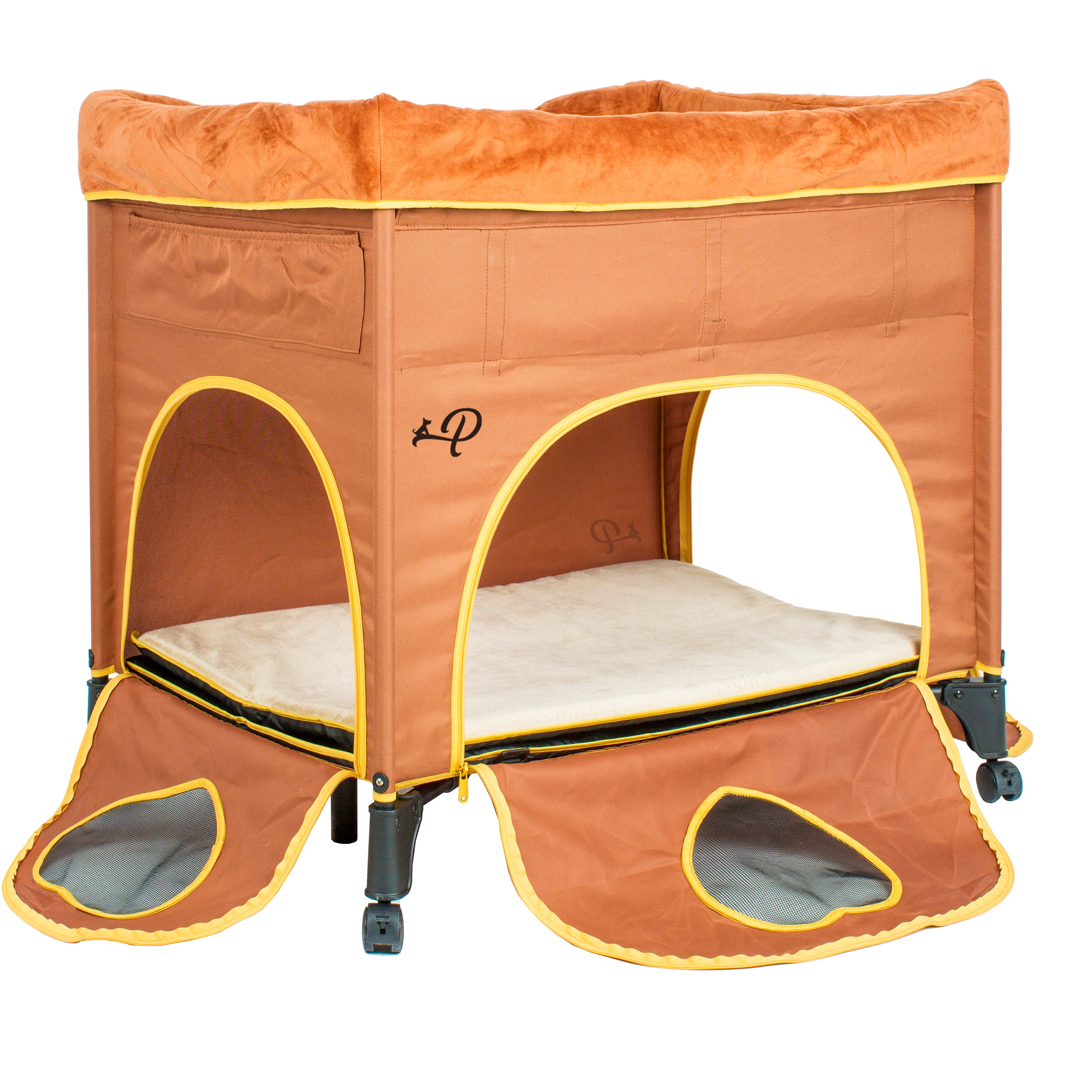 Bedside Lounge Two Level Pet Bed 2 Side Pockets Three Zippered Doors Mesh Windows Travel Friendly with Wheels Tote Bag Supports up to 100LBS for